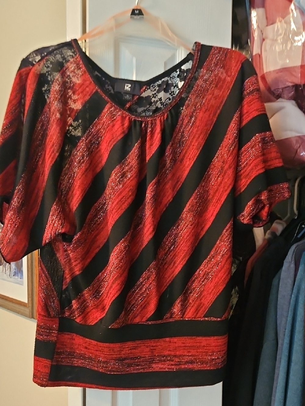 Women's Red & Black Striped Metallic Knit Top
